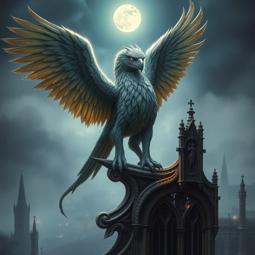 Griffin Overlooking Moonlit City in Romantic Style