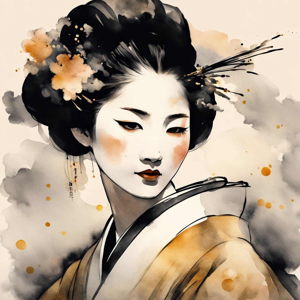 Serene Geisha Portrait in Minimalist Watercolor Style