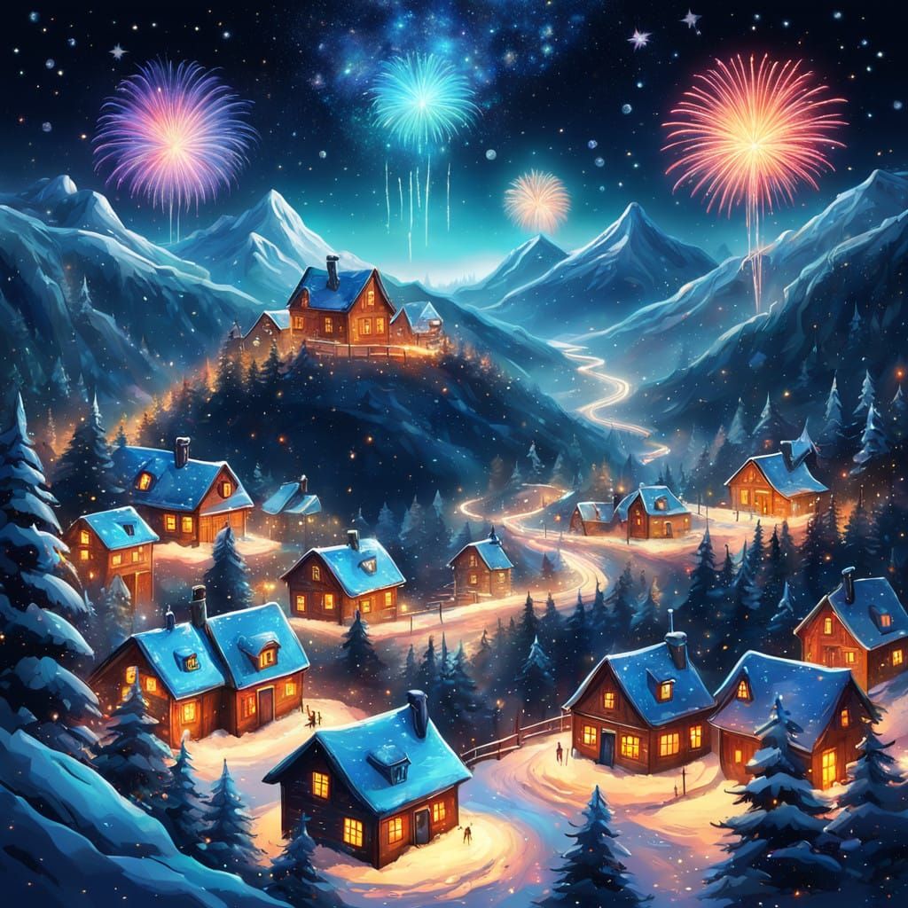 Winter Village Under Starry Night Sky with Fireworks