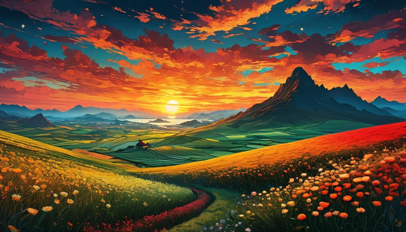 Sunset Over Flowery Fields: Fantasy Digital Art