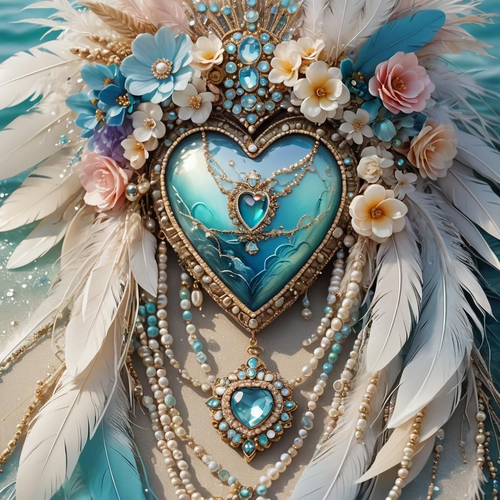 Opalescent Headdress Framing Serene Seascape: Digital Art