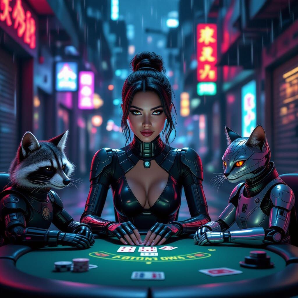 Cyberpunk Poker Night with Animals in Neon Alley