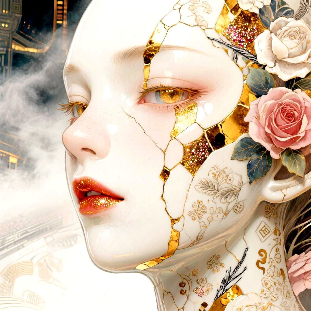 Golden Seams: Kintsugi Porcelain Anime Portrait