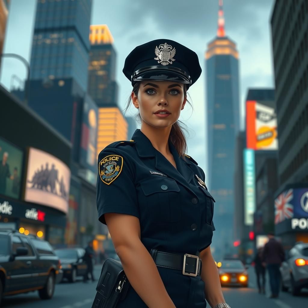 Confident Policewoman in Futuristic Cityscape