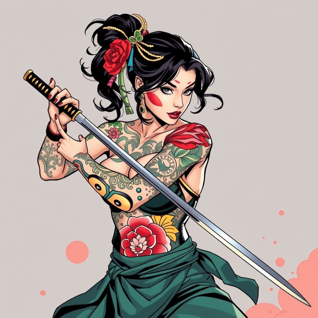 Tattooed Woman Sharpens Katana in Comic Book Style