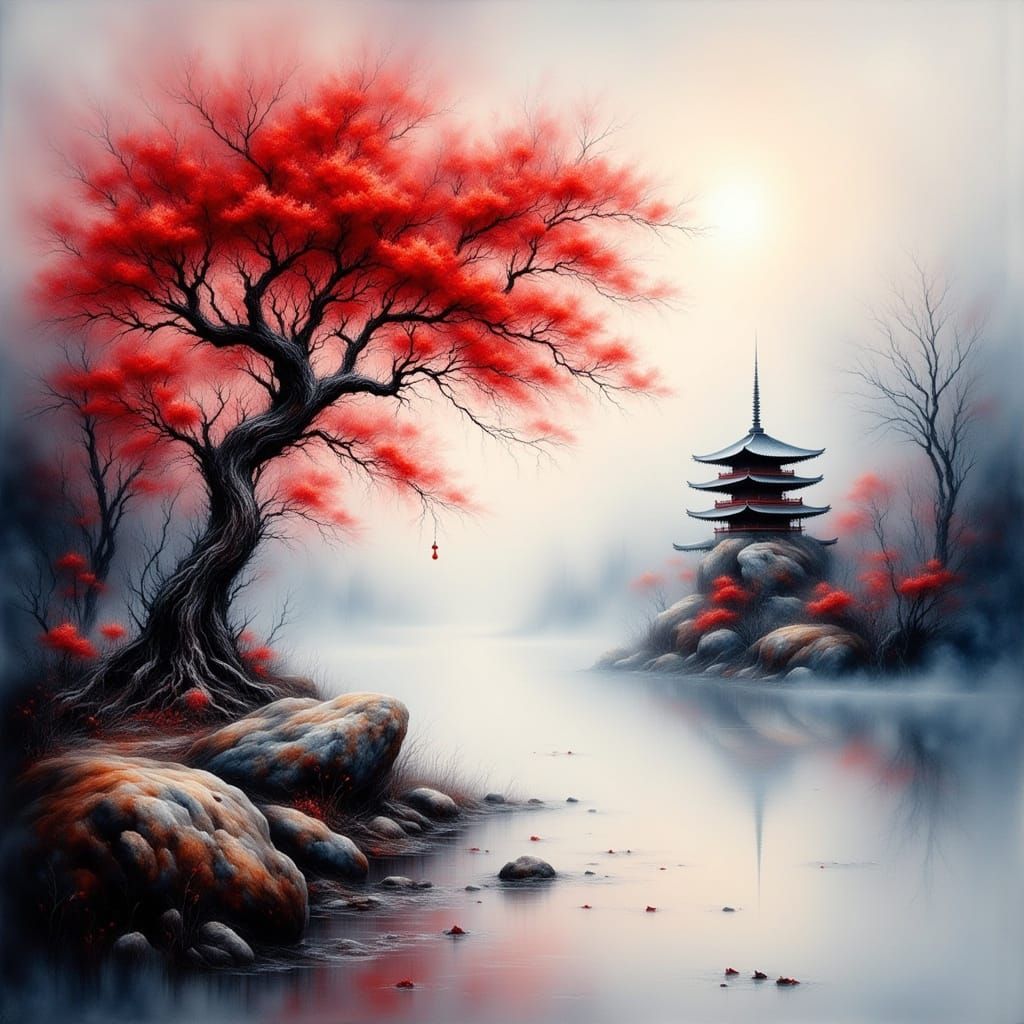 Asian Landscape with Blossoms in Impressionist Style