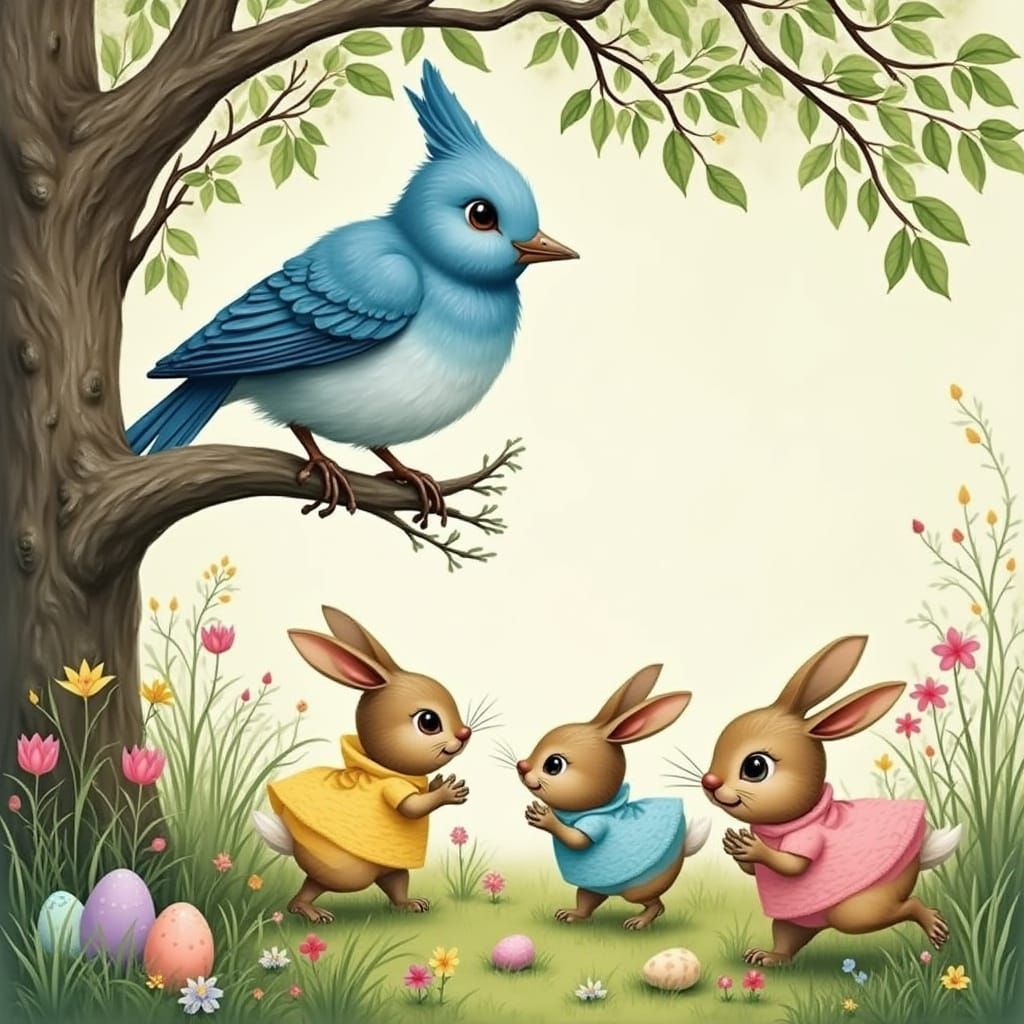 Whimsical Springtime Scene with Easter Bunnies and a Vibrant...