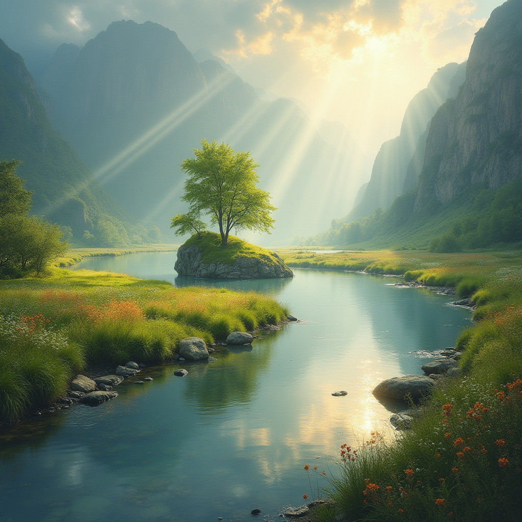 Island River Scene in Dreamy Landscape Art Style