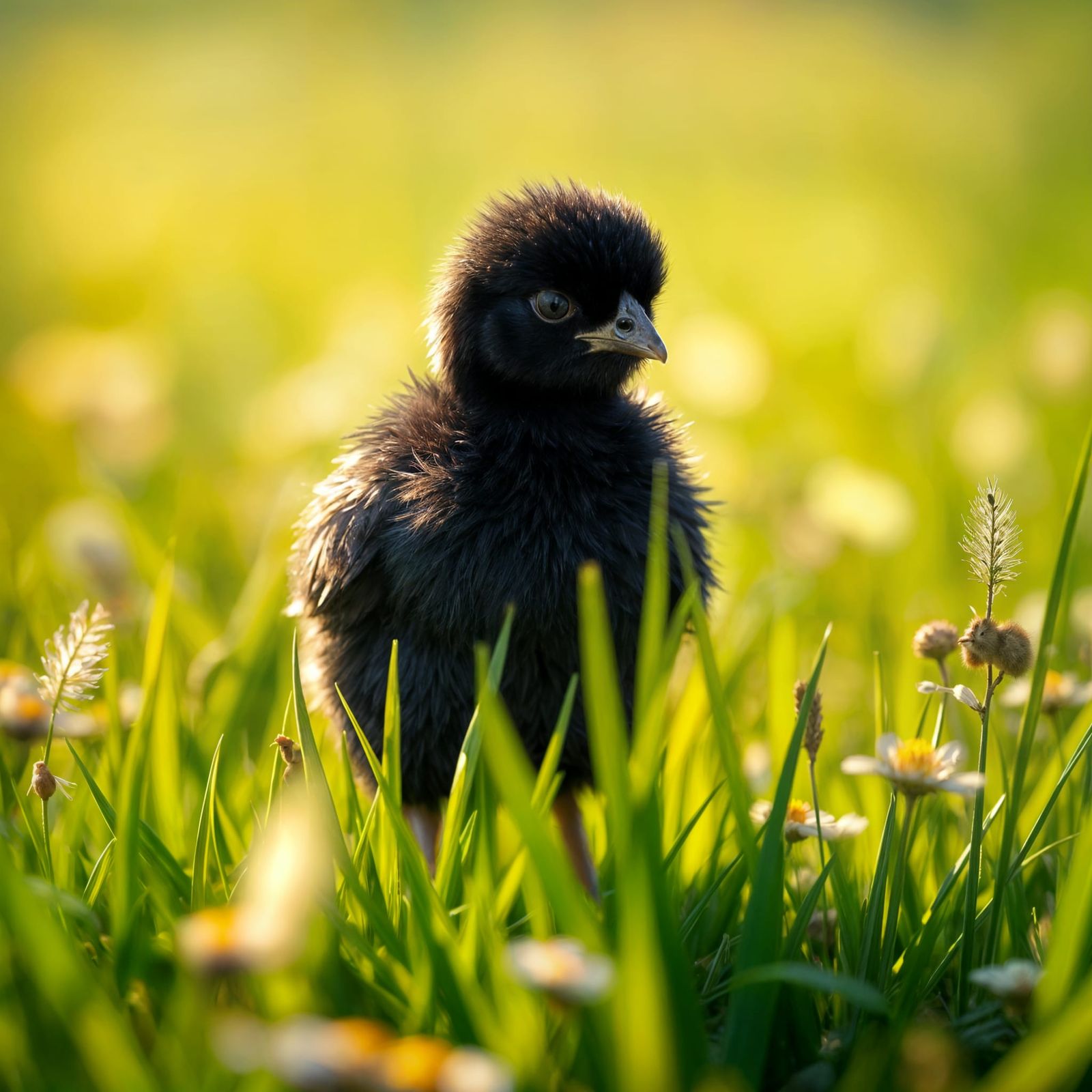 Cute Black Chick in a Green Meadow