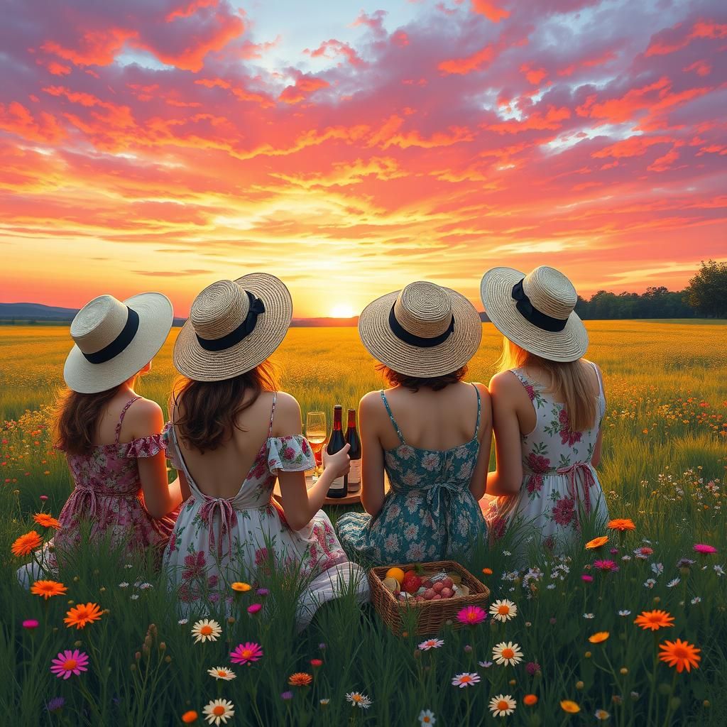 Quattro amiche in un prato