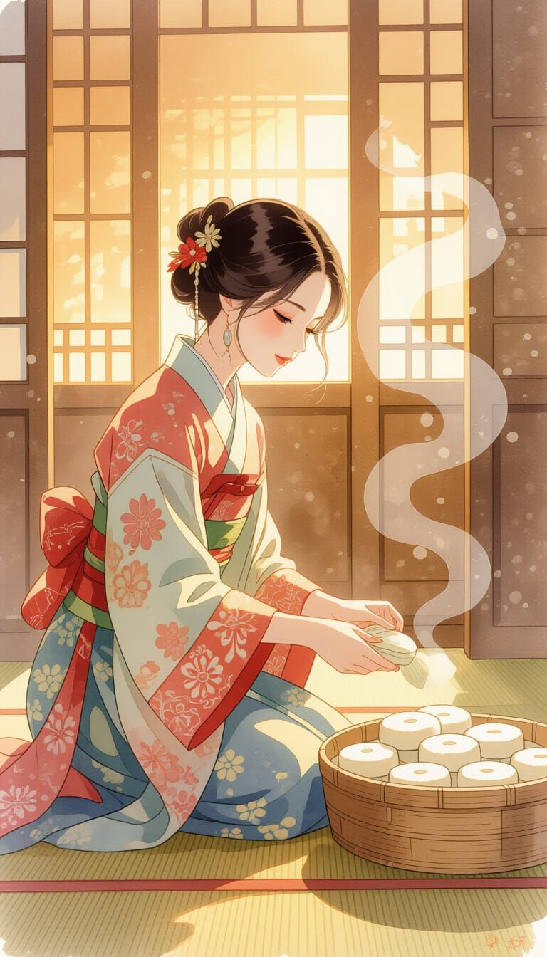 Festive Watercolor of Woman Arranging Rice Cakes