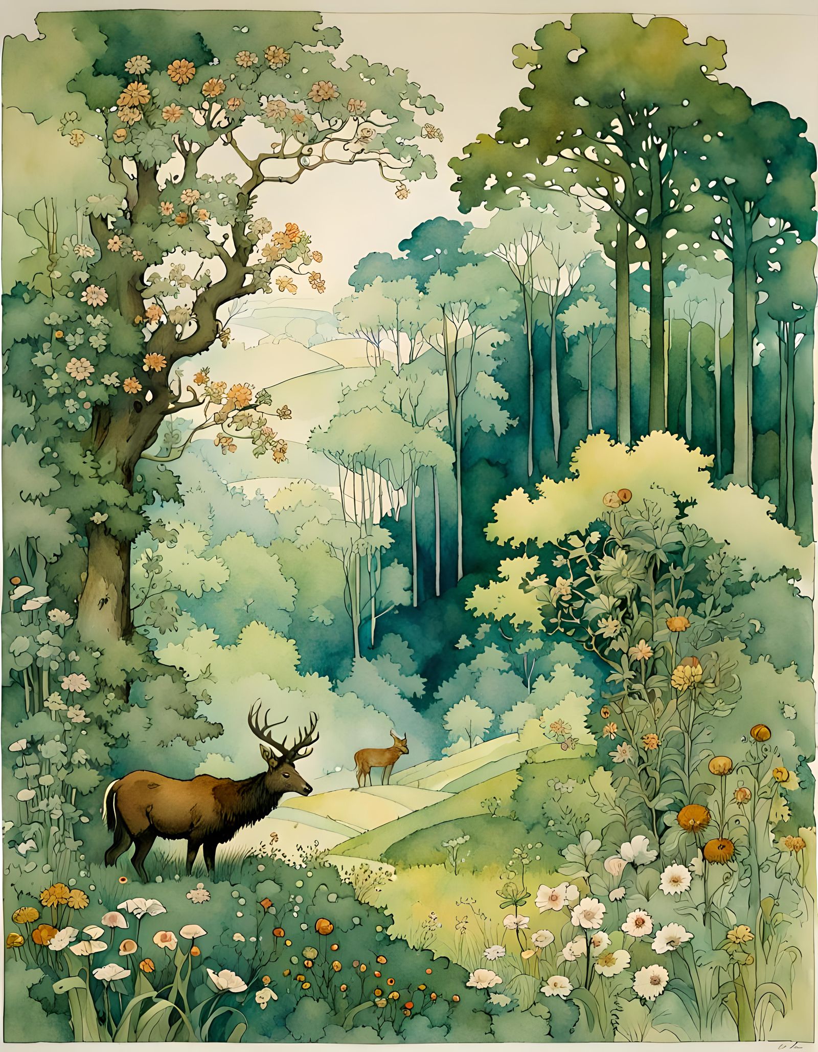 Forest Glade and Meadow in Watercolour Style