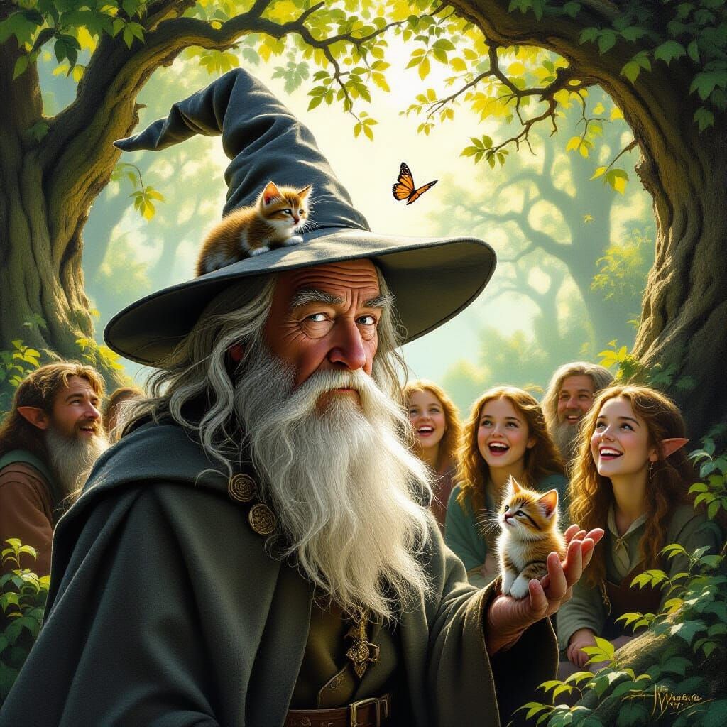 Gandalf Perplexed by Kitten on Hat in Merry Shire