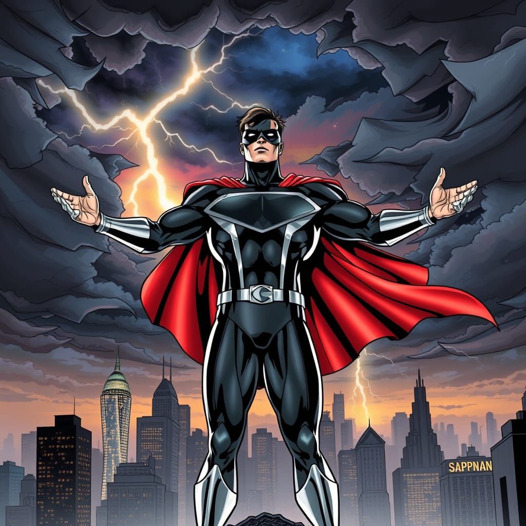 Superhero Triumphs Amidst Stormy Cityscape in Comic Book Sty...