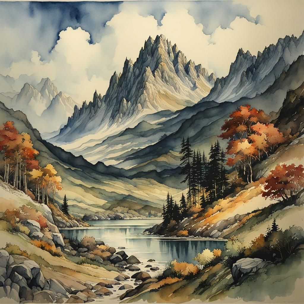 Watercolor Mountain Landscape in Arthur Rackham Style