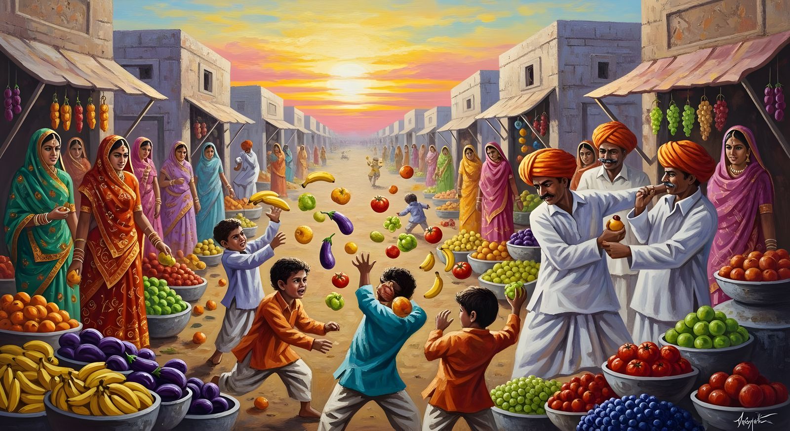 Indian Bazaar at Sunrise: Mischief and Color