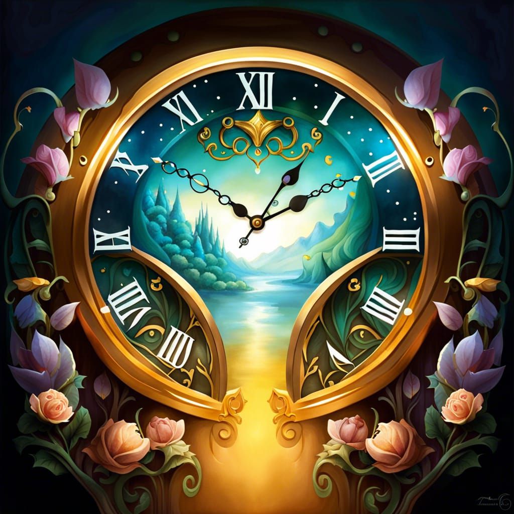 Fairytale Clock in Dreamlike Landscape