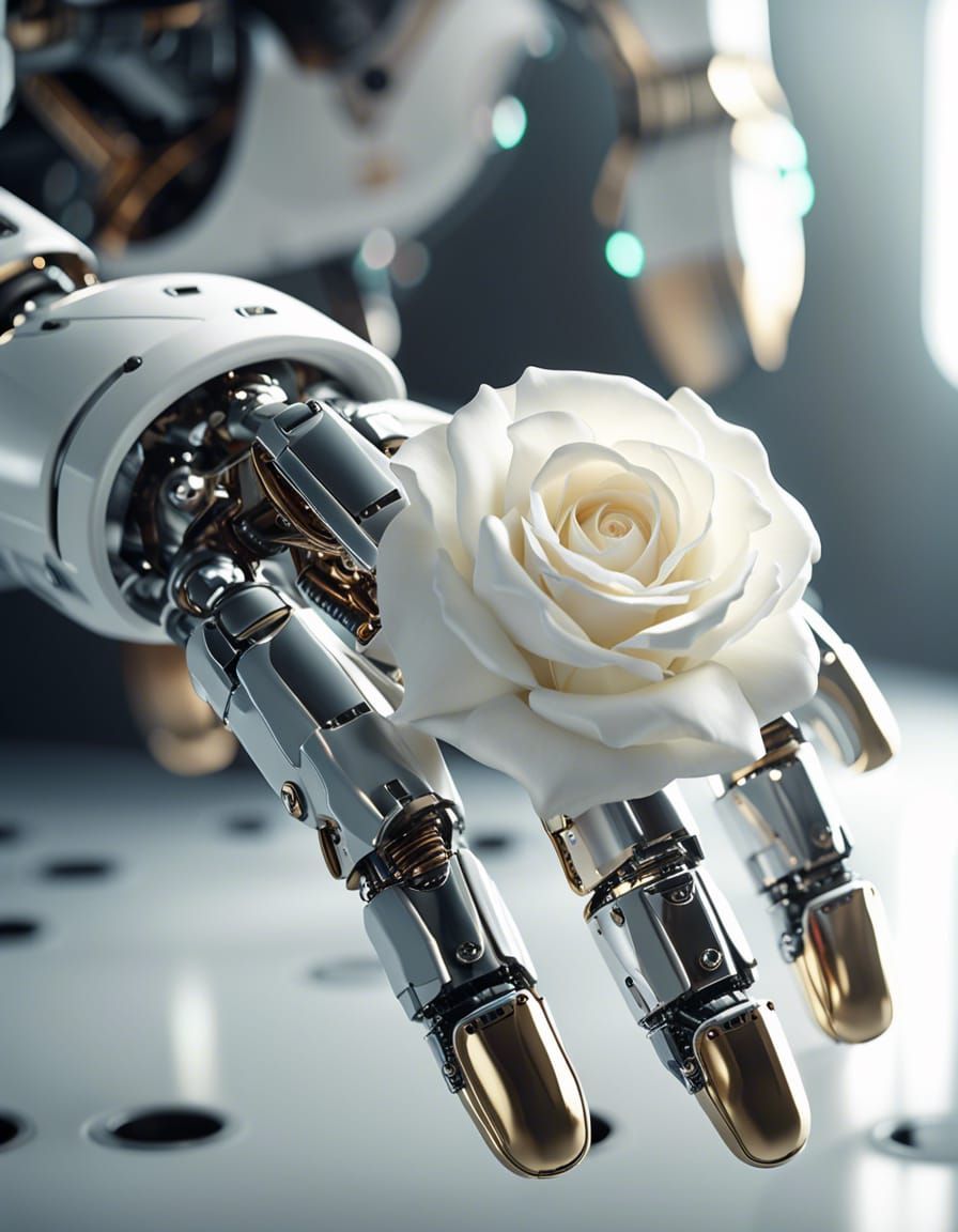 Robot Hand Holding Rose in Cinematic Sci-Fi Style