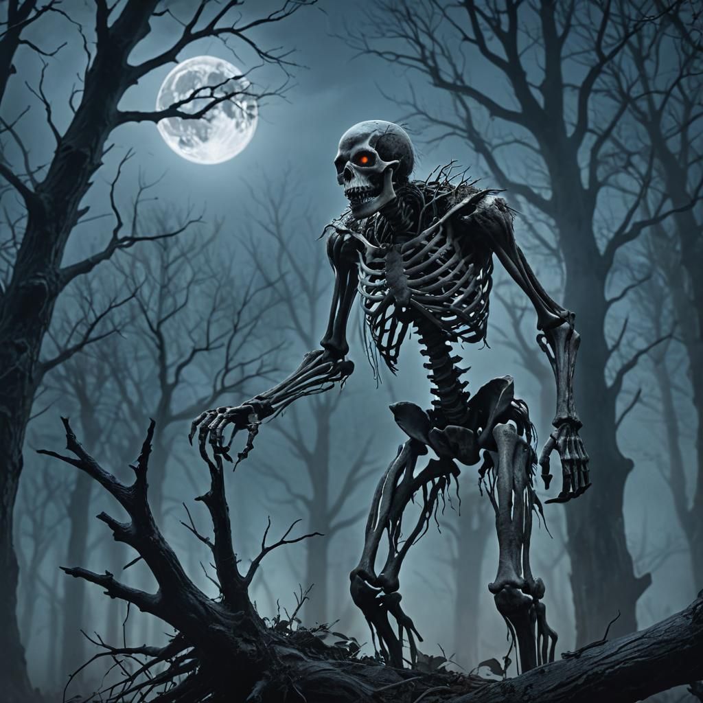 Eerie Werewolf Skeleton in Misty Forest