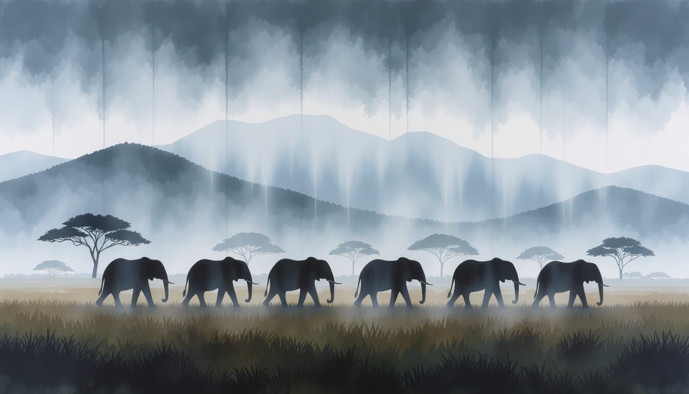 Elephants in Misty Mountain Landscape Acrylic Painting