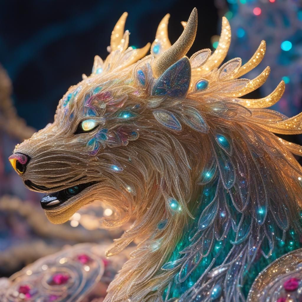 Embroidered Snow Beast with Aurora Borealis