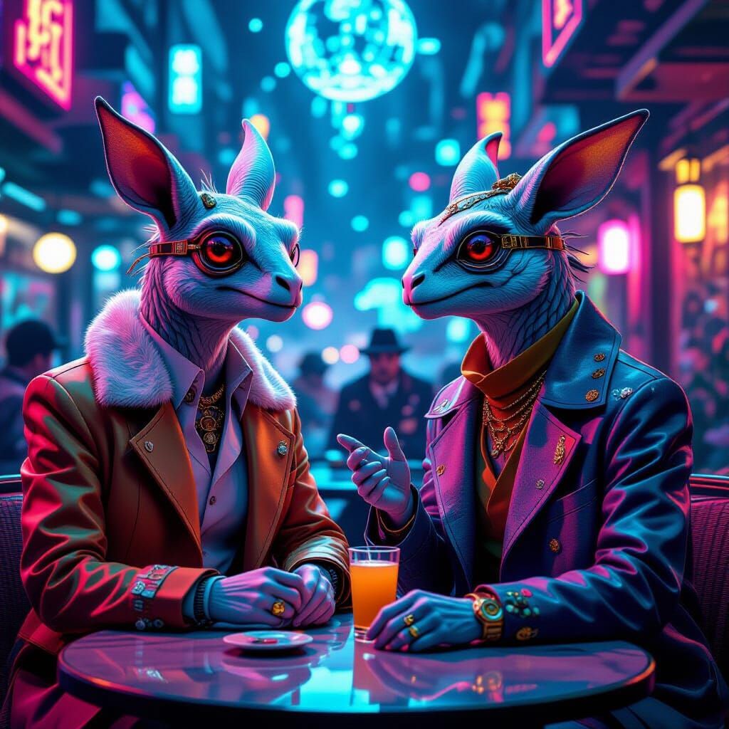 Retrofuturistic Creatures in Neon-Lit Conversation