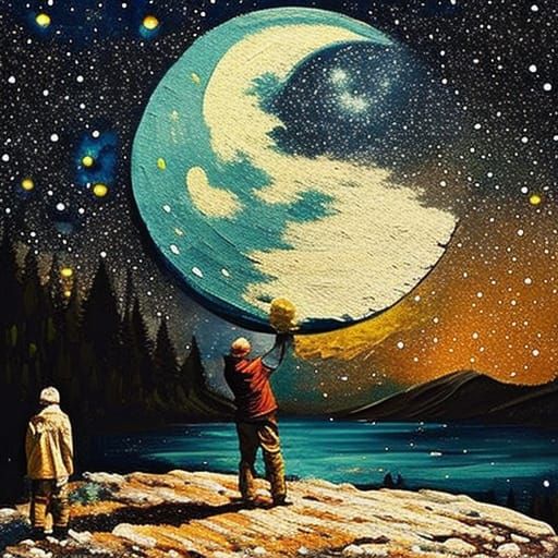 Pixel Moon Painting with Starry Sky, Detailed Matte Art