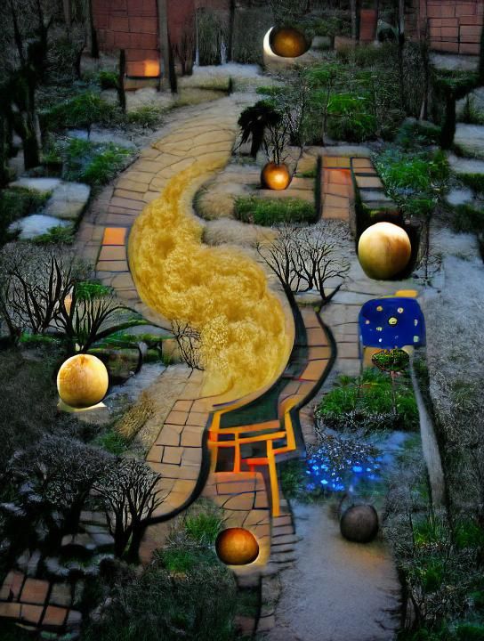 Fantasy Garden Courtyard Under Moonlight
