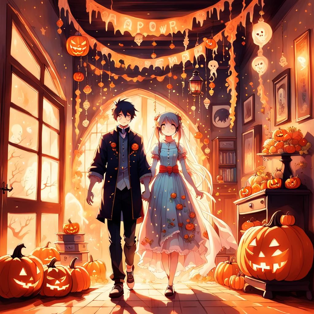 Charming Halloween Couple in Cozy Anime Style