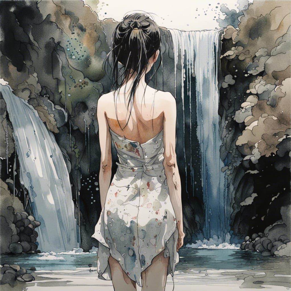 Anime Girl at Waterfall in Watercolor Style