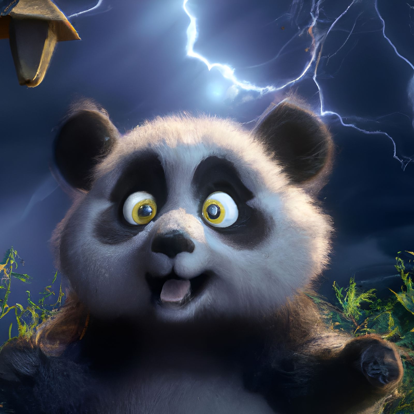 Panicked Panda in Dark Storm, 3D Render