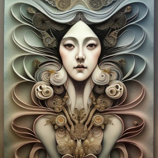 Baroque 3D Lady with White Fractal Zentangle Elements