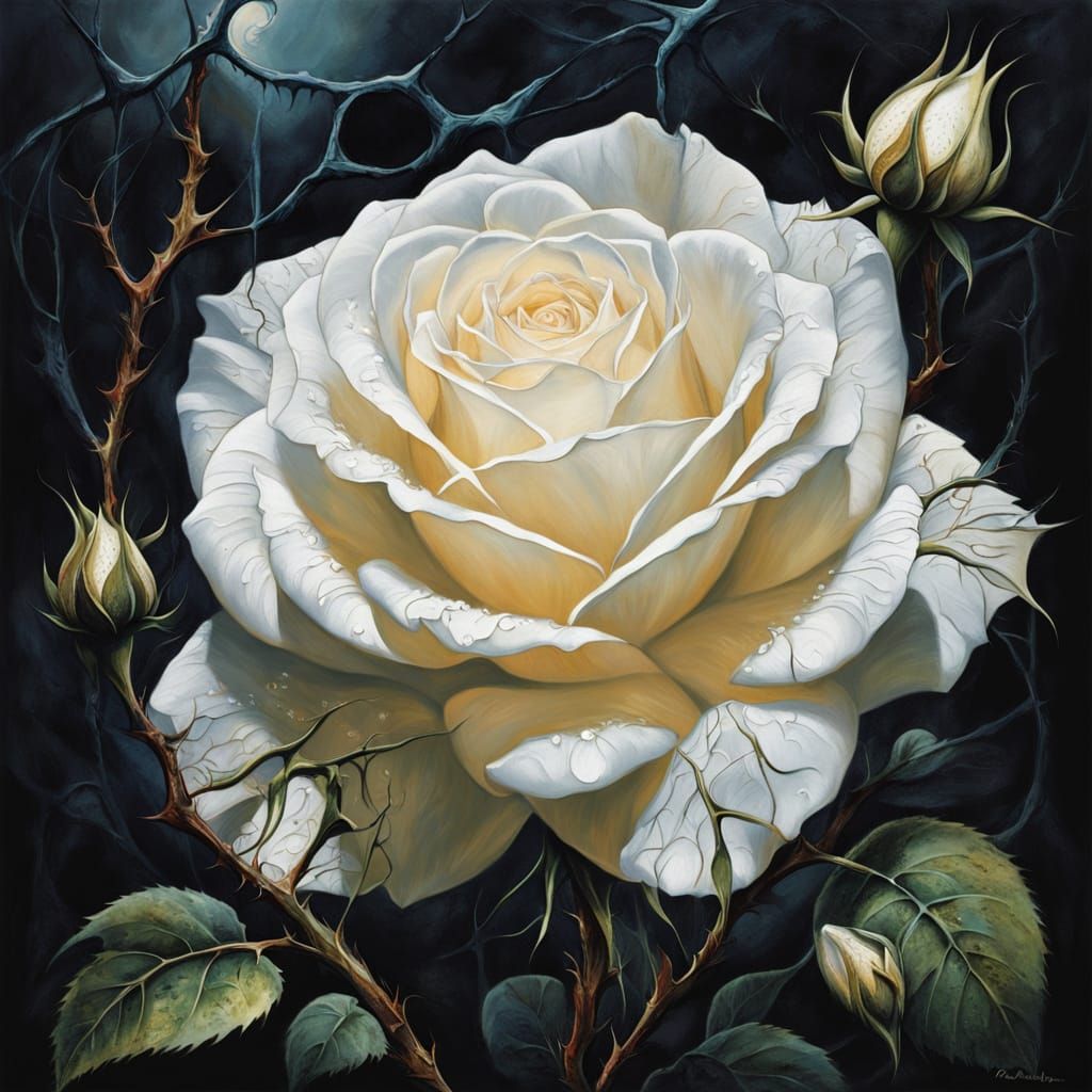 Gothic White Rose with Blood Drop Oil Painting