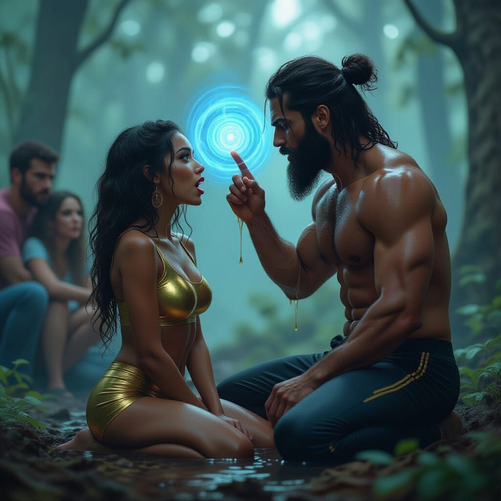 Hypnotic Encounter in Forest, Hyperrealistic Digital Art