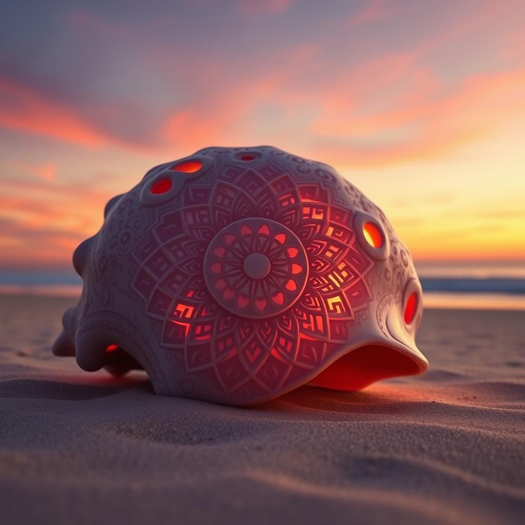 Ornate Seashell with Mandala Carvings on Sunset Beach