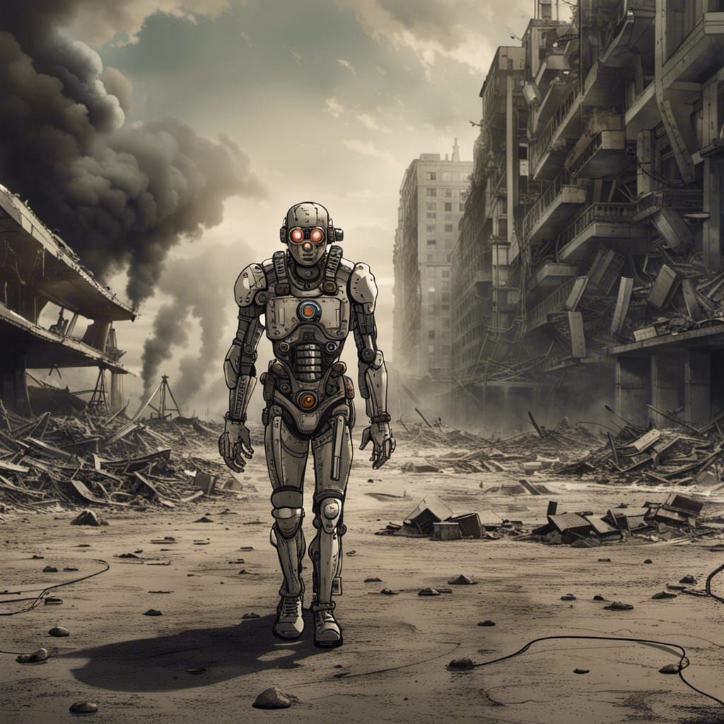 Cyborg Walks Atomic Wasteland Aftermath