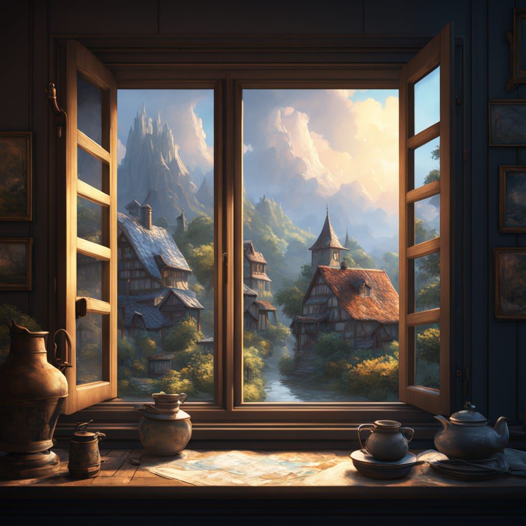 Village View Through Open Window: Impressionist Matte Painti...