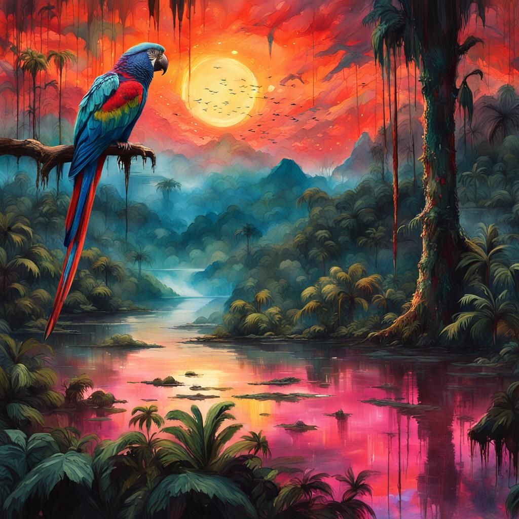 Cinematic Rainforest Landscape with Blood Moon, Watercolor