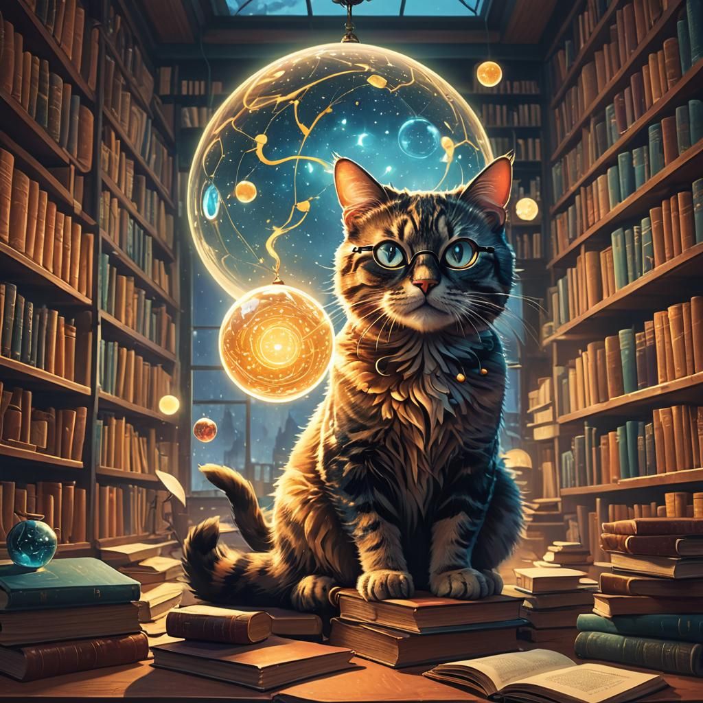 Cat in Glasses on Mystic Orb, Fantasy Art