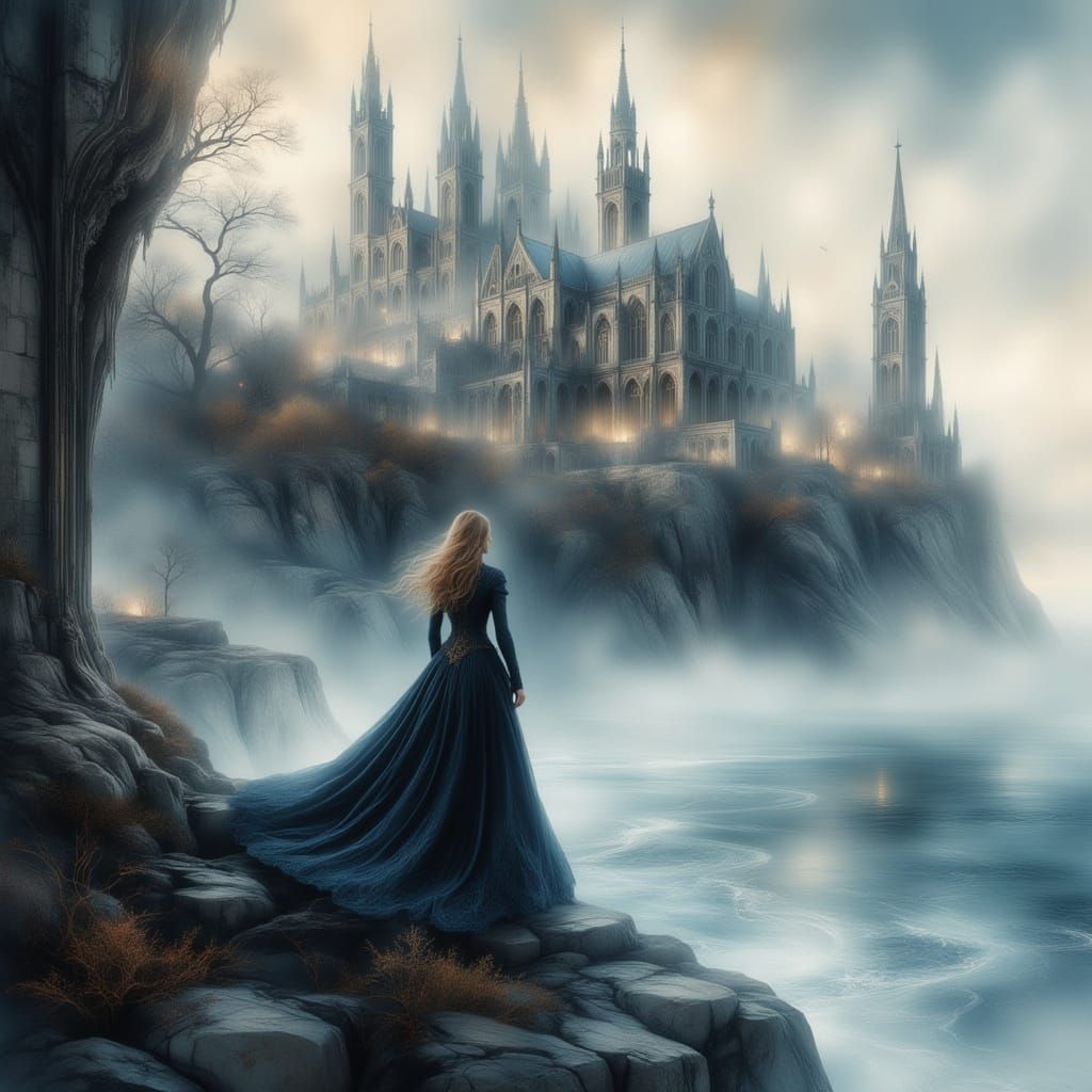 Woman on a Misty Seaciff with a Gothic Cathedral in the Back...