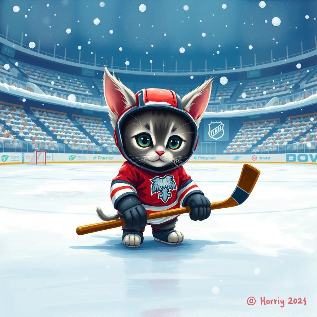 Kitten Plays Hockey: Rockwell Meets Murakami Style