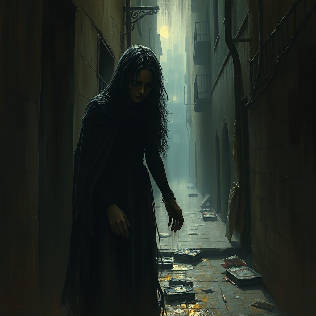 Ethereal Woman in Dark Alley, as Inspired by Gothic Art