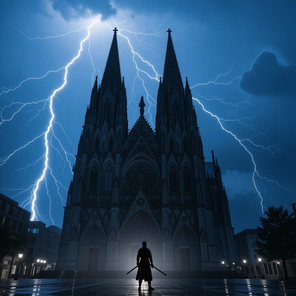 Gothic Cathedral in Tempest Night with Ninja