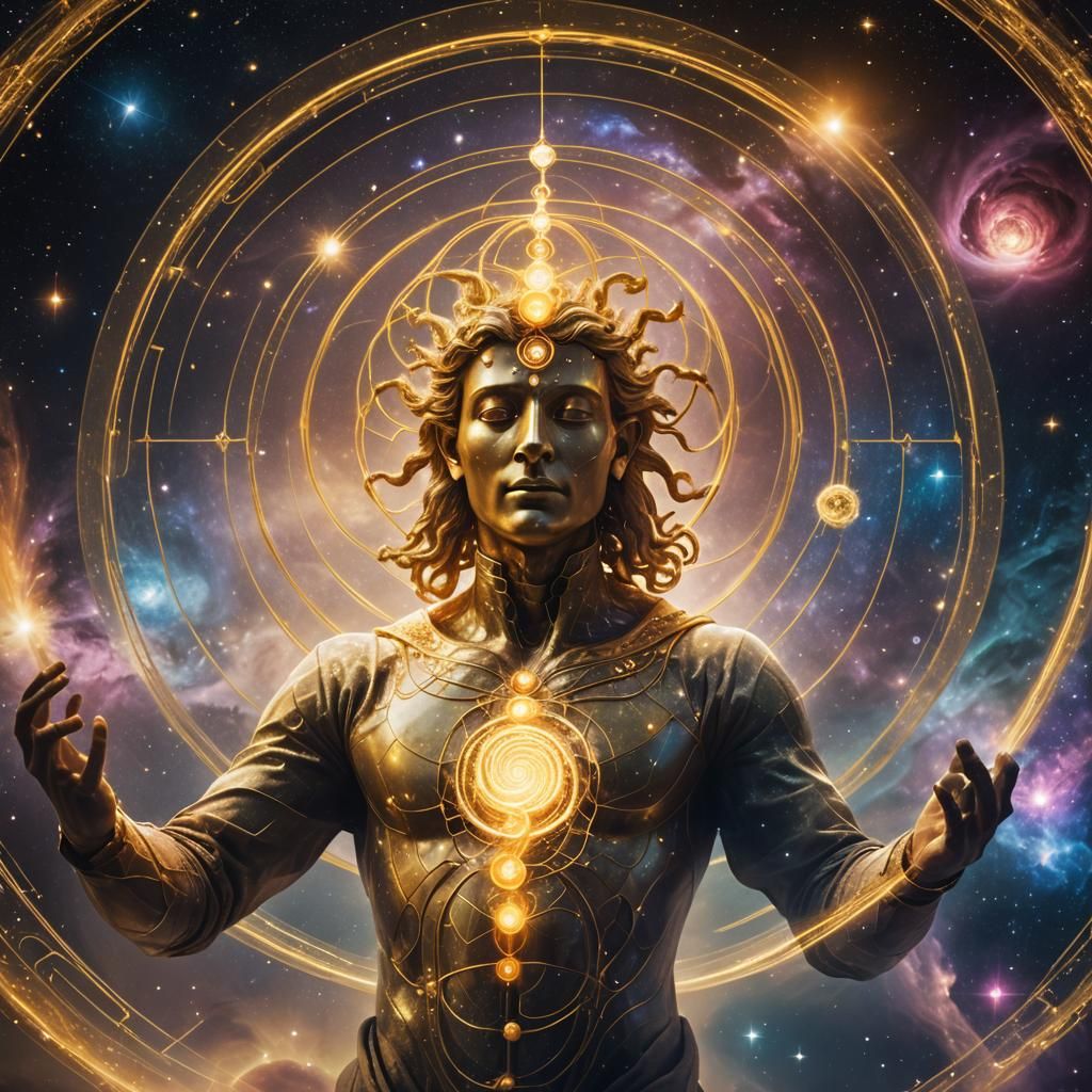 Golden Ratio Spiral Envelops Humanoid Figure in Cosmos