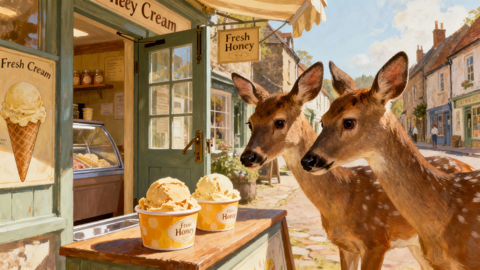 Deer Stare Down Ice Cream Shop in Whimsical Digital Painting