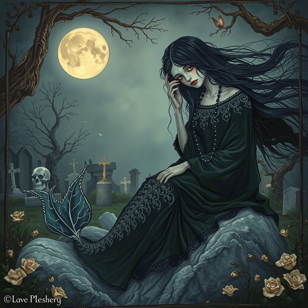 Goth Mermaid Weeping Black Pearls in Graveyard