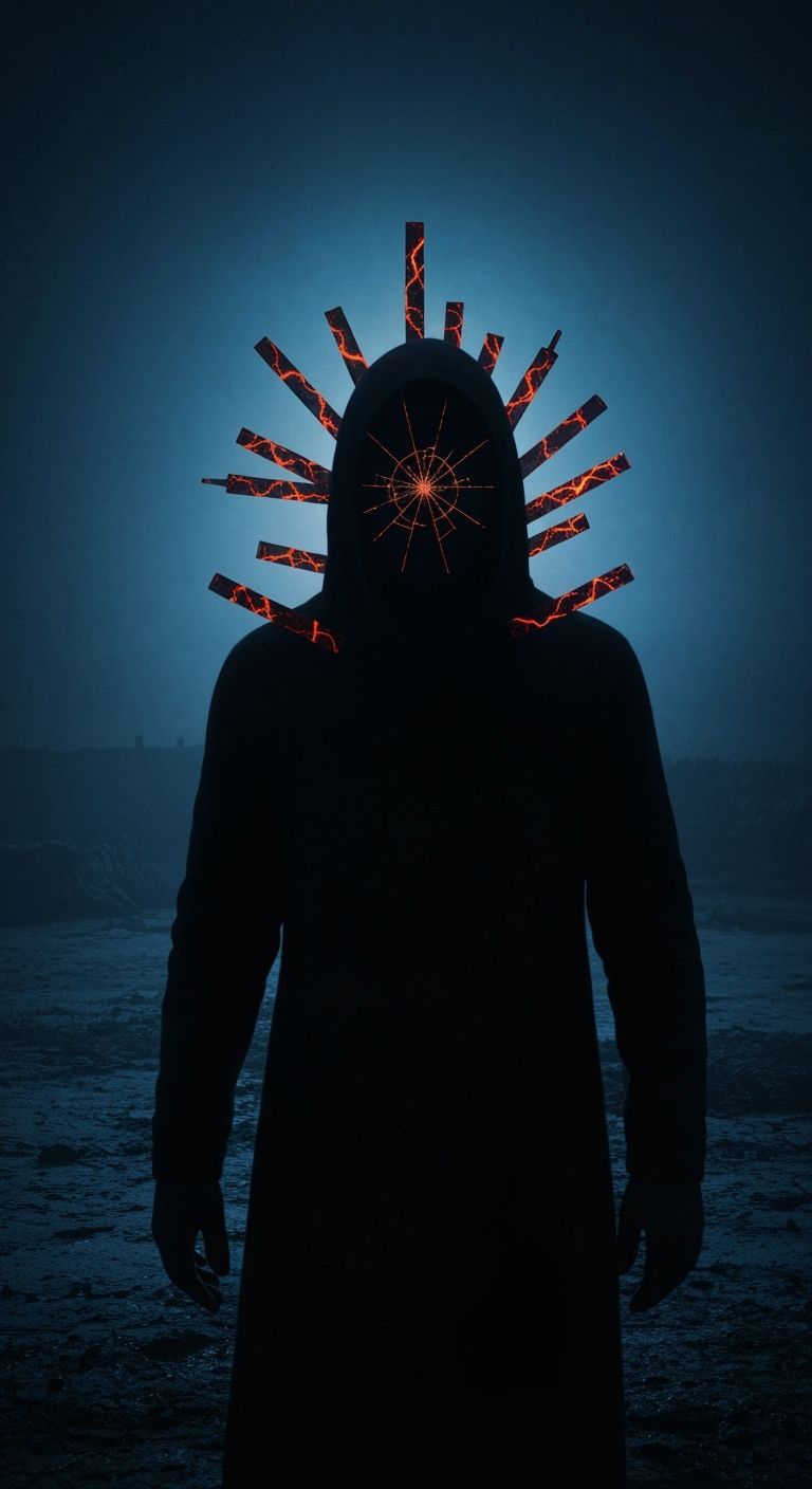 Dark Figure in Nightmarish Landscape with Crimson and Blue G...