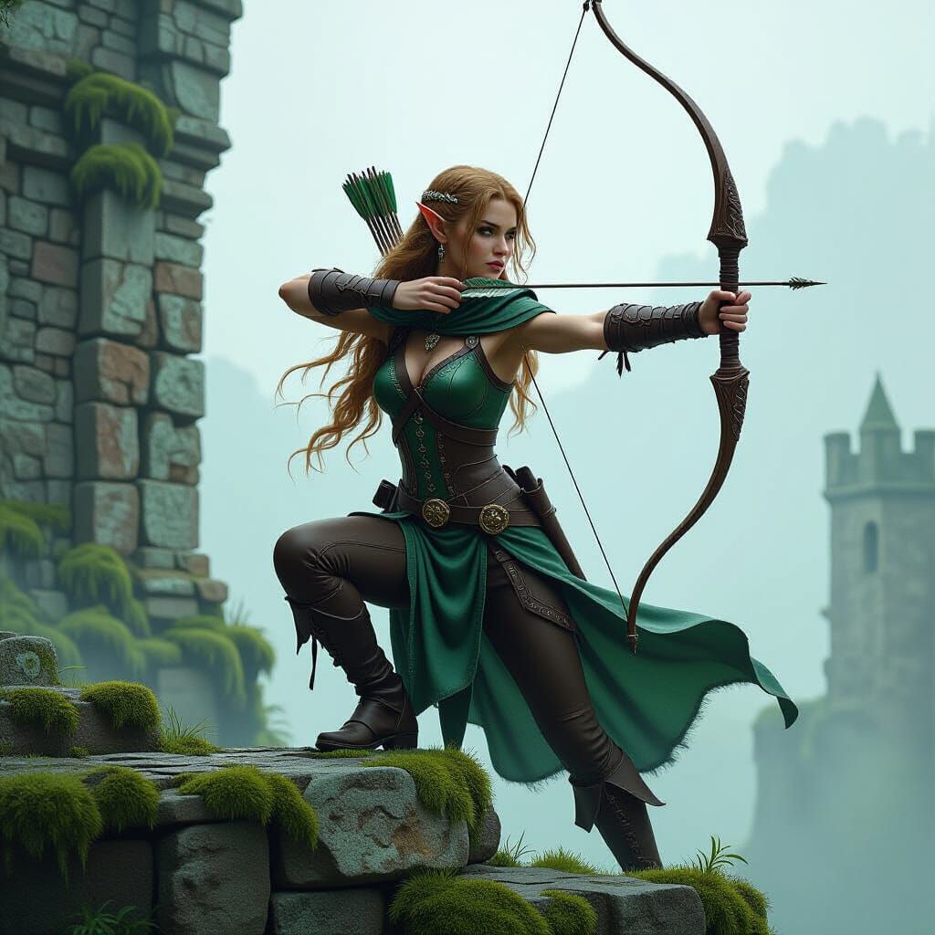 Elven Huntress Defends Ancient Ruins in Dark Fantasy Style