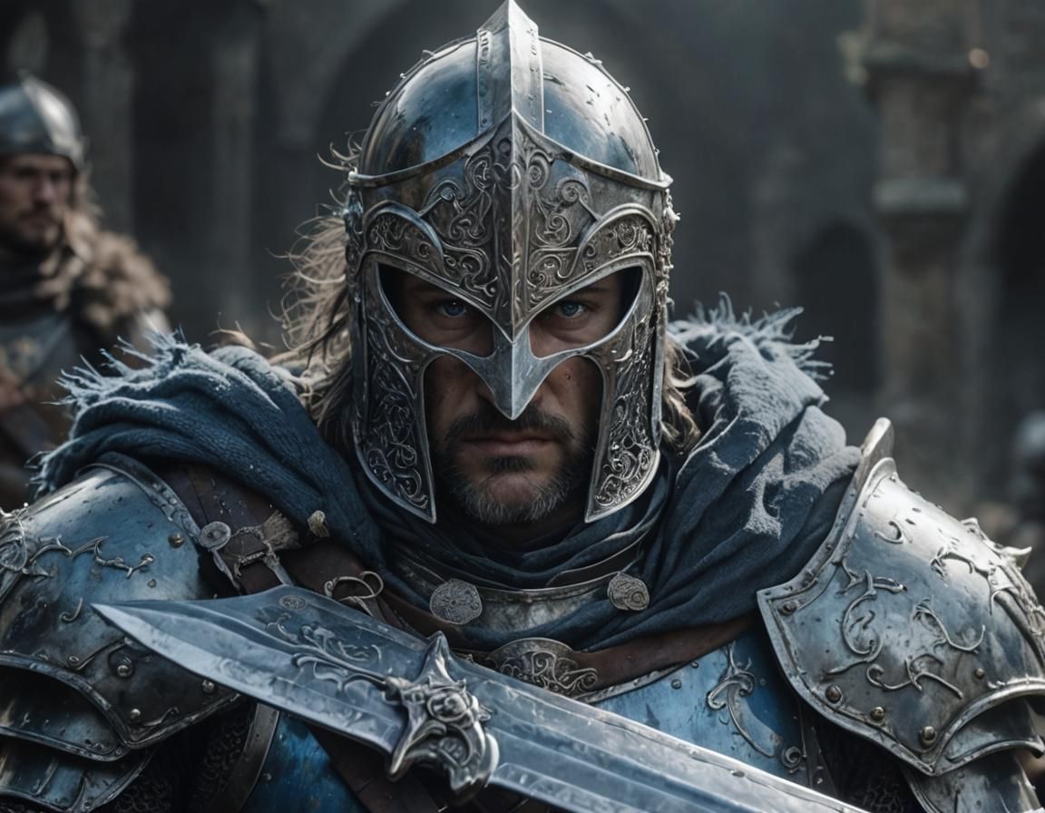 Photorealistic Knight Portrait in Blue, Black, and Silver