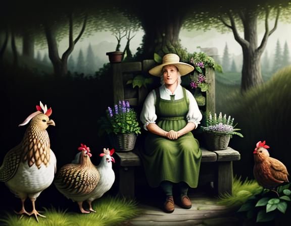 Hobbit Woman in Garden, Folk Art Illustration